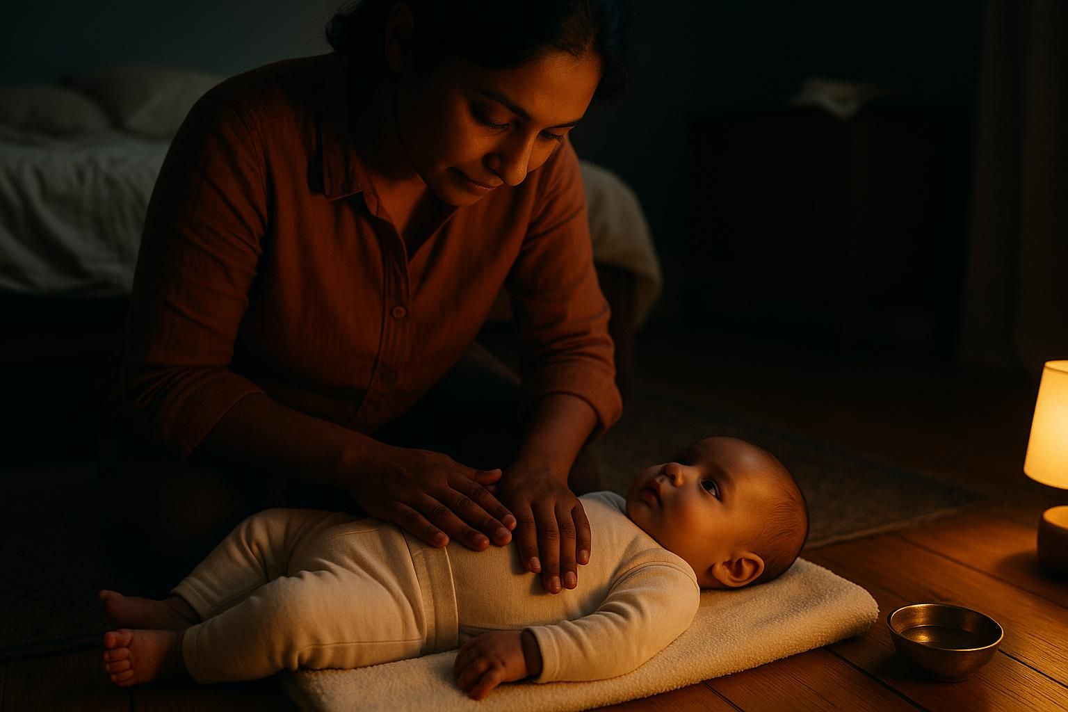 A woman kneels on the floorboards beside a baby lying on a folded towel, one hand resting flat on the baby's chest and the other on their lower torso, both completely still. A single lamp on the floor is the only light. A small brass bowl sits beside the towel.