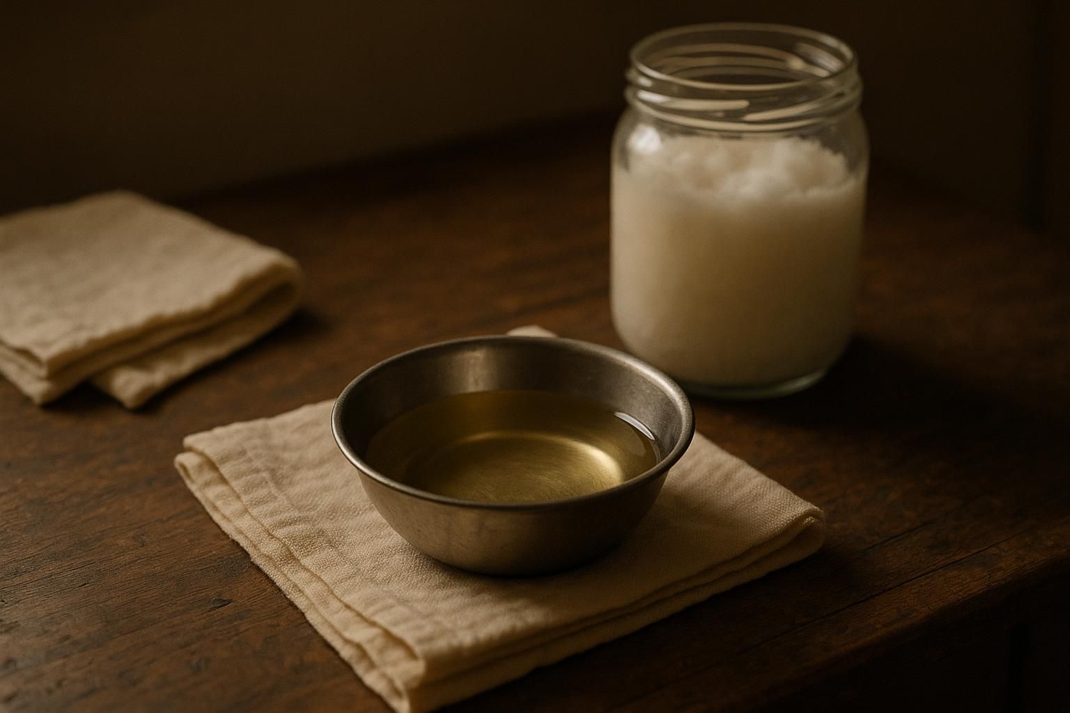 A small steel bowl of clear oil on a folded cream cotton cloth, on a low wooden table in warm lamplight. A plain glass jar of coconut oil stands behind it.