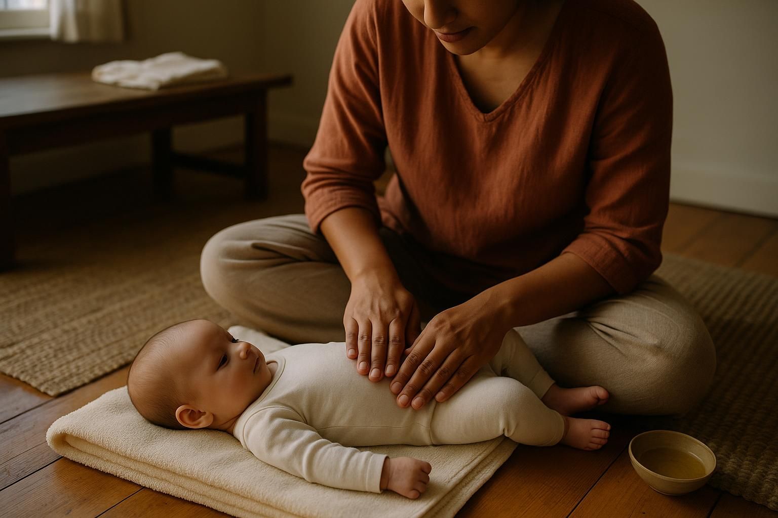 A woman sitting cross-legged on the floor with both hands flat and low on a baby's abdomen, mid-circle. The baby lies on their back on a folded towel in a cotton vest and leggings, arms resting down at their sides. A small bowl of oil sits on the floorboards beside them.