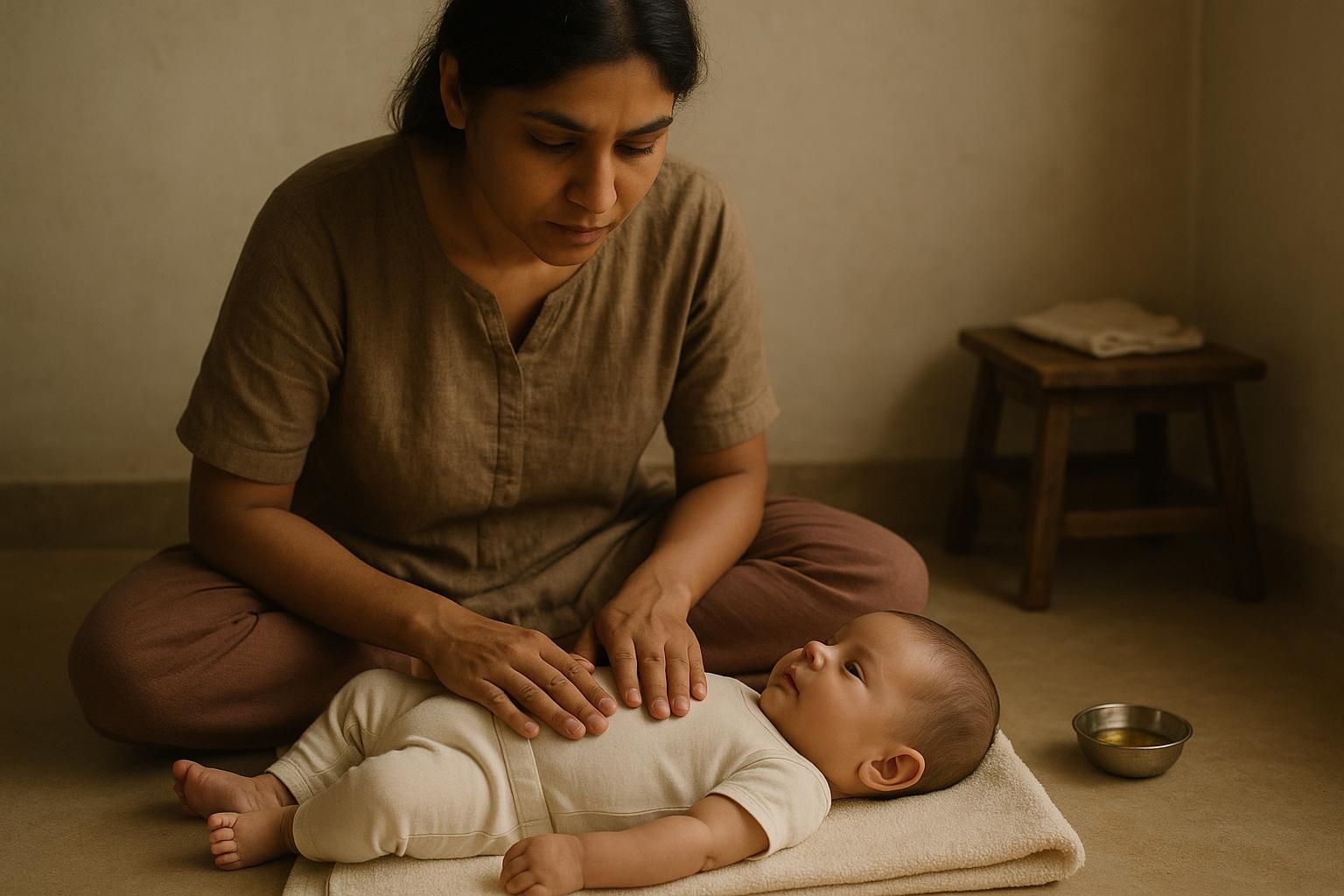 A woman sitting cross-legged on the floor with both hands resting still, flat and open, on a baby's belly. The baby lies on their back on a folded towel in a cotton vest and leggings, looking up at her. Daylight from a window, a small bowl of oil nearby.