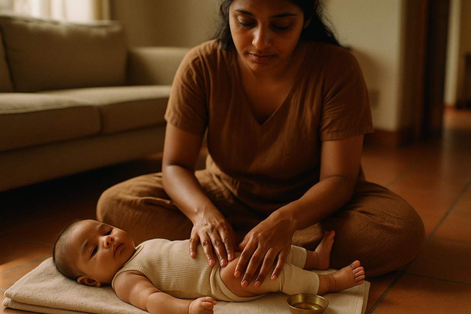 A woman sits cross-legged on the floor beside her baby, who lies on a folded towel in a cotton vest. Her hands rest flat on the baby's tummy, mid-stroke, with a small brass bowl of oil beside them.