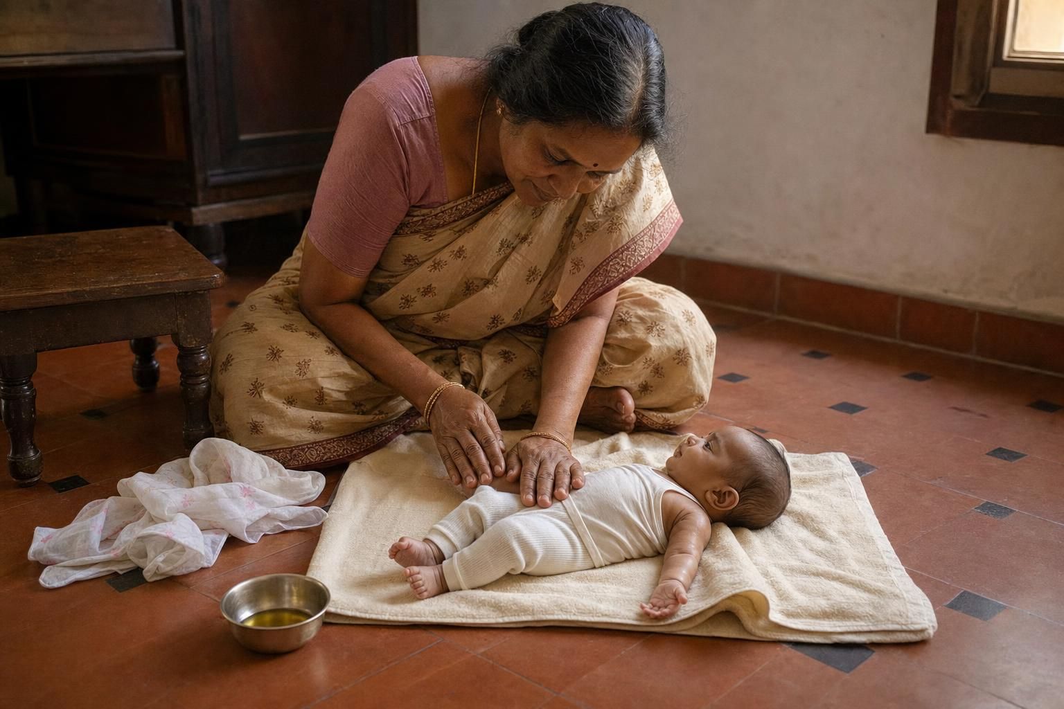 An older woman in a cotton sari sits cross-legged on a tiled floor, both hands resting on a baby's chest and shoulder. The baby lies on their back on a folded cream towel in a sleeveless vest and leggings, one arm stretched out palm-up on the towel, looking up at her. A small steel bowl of oil sits on the tiles beside them.