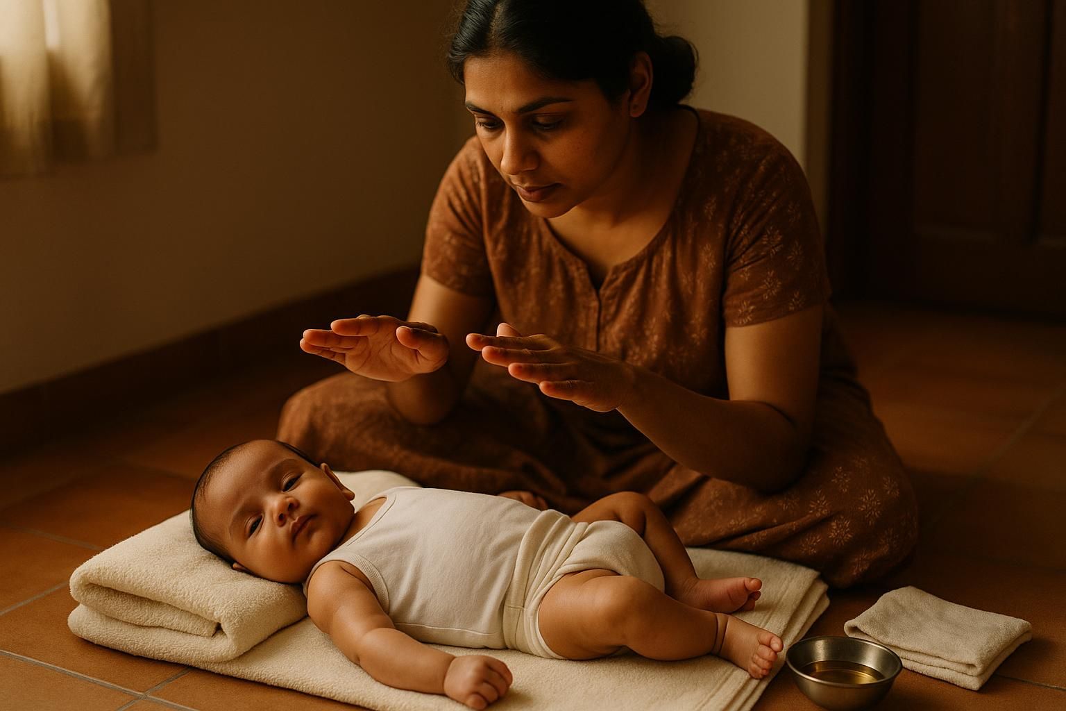 A woman's oiled hands lifted and held still just above a baby who lies on a folded towel in a cotton vest, turning their head away. A small steel bowl of oil sits beside them.